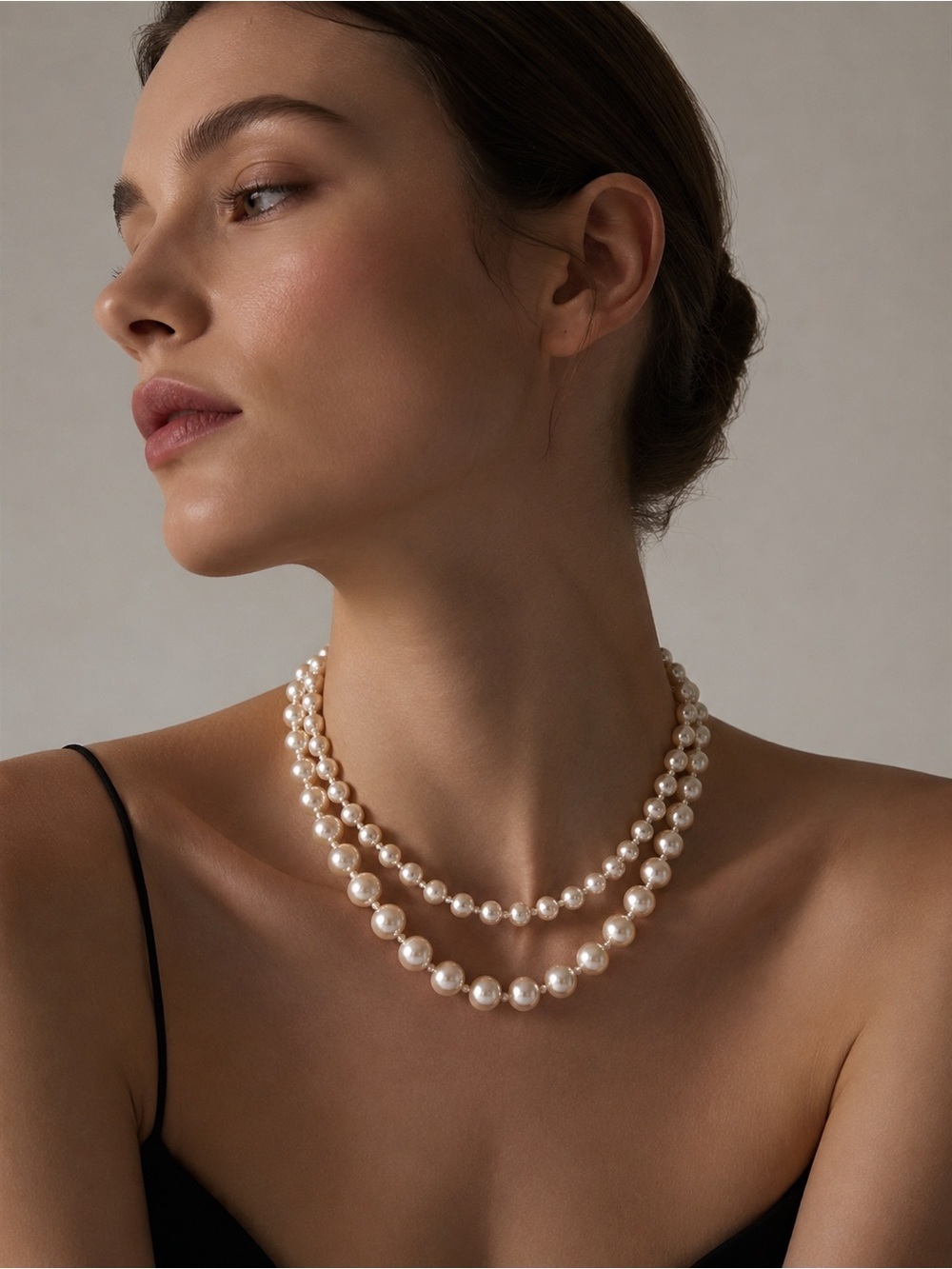 Vintage Double Strand Faux Pearl Statement Necklace with Ornate Clasp 16”